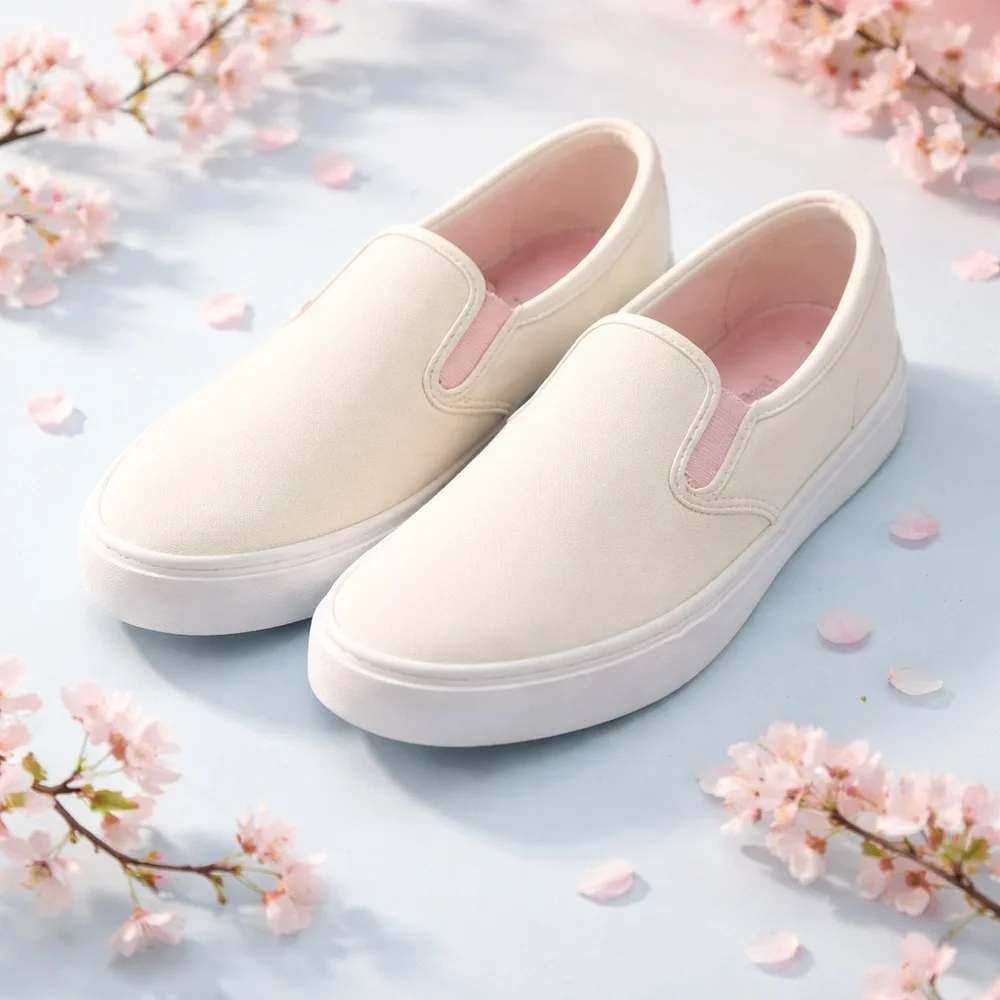 NWT Girls White Slip On Shoes trimmed in pink and green Loafers School- Size 5